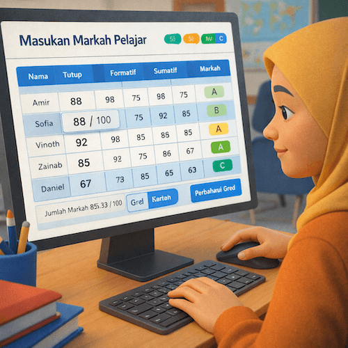Modul pemarkahan digital untuk input markah pelajar dan pengiraan gred automatik