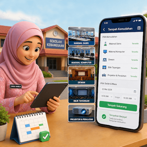 Paparan modul Fasiliti SkoolBeez untuk tempahan kemudahan sekolah secara dalam talian oleh guru