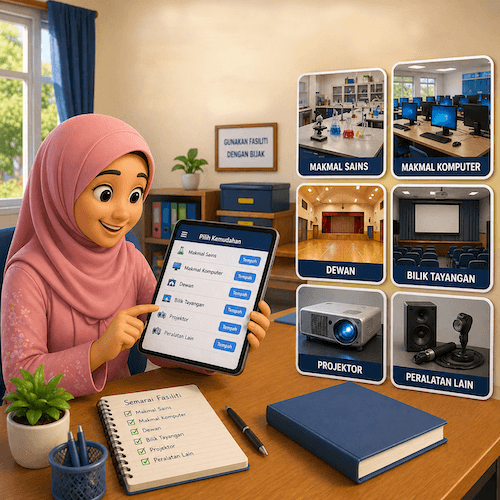 Senarai kemudahan sekolah yang boleh ditempah seperti makmal sains, dewan dan bilik tayangan