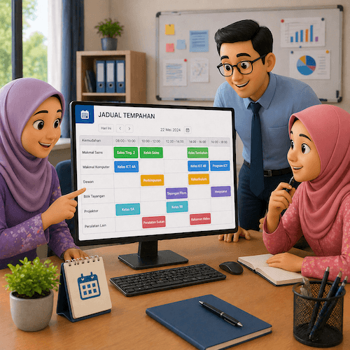 Paparan jadual tempahan kemudahan sekolah secara dalam talian tanpa pertindihan