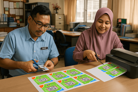 Dua orang guru mencetak dan menggunting Kad SkoolBeez