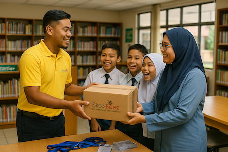 Wakil SkoolBeez menyerahkan parcel Kad SkoolBeez berserta lanyard dan card holder